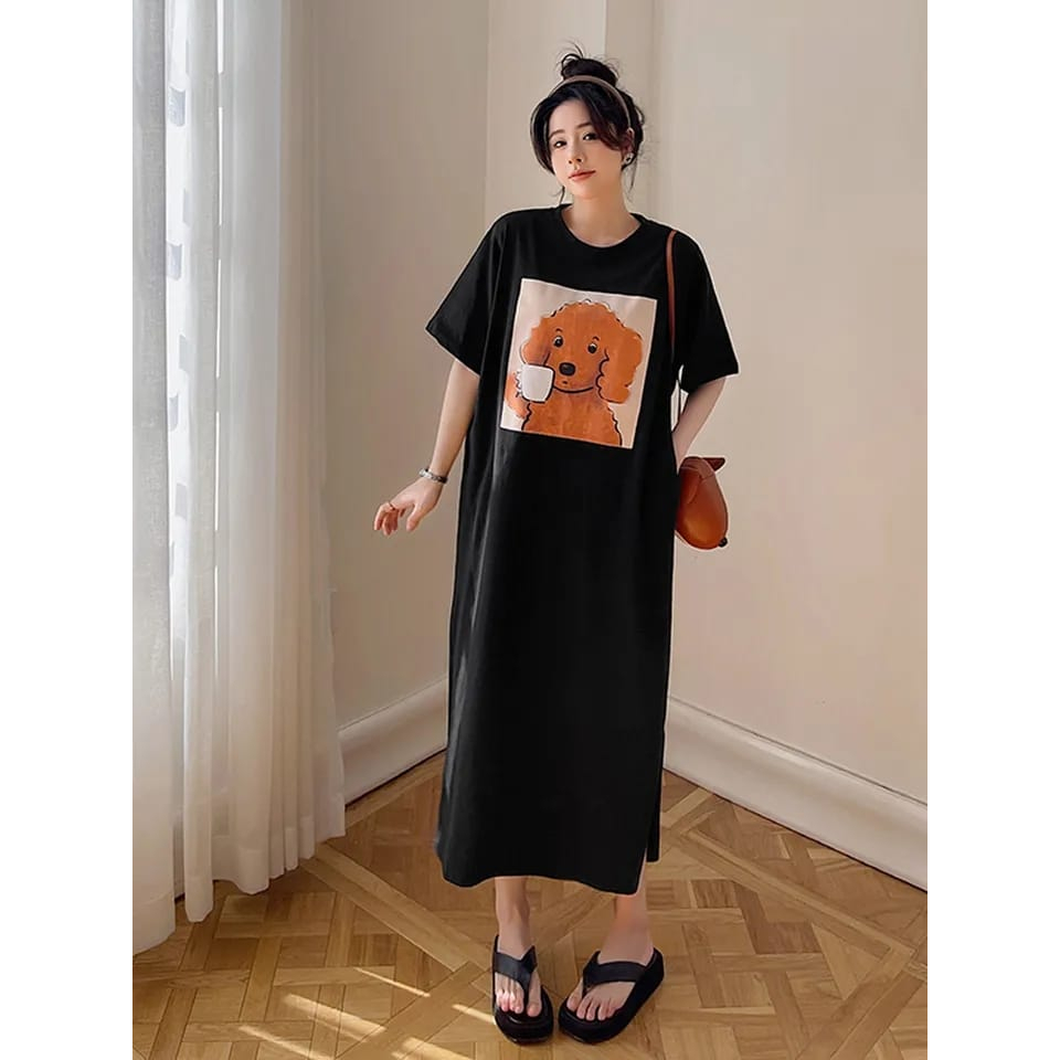 MYSTIQUE.ID-BAJU KAOS LONG DRESS DOGGY DRINK COFFEE LUCU KEREN DAN AESTETIC