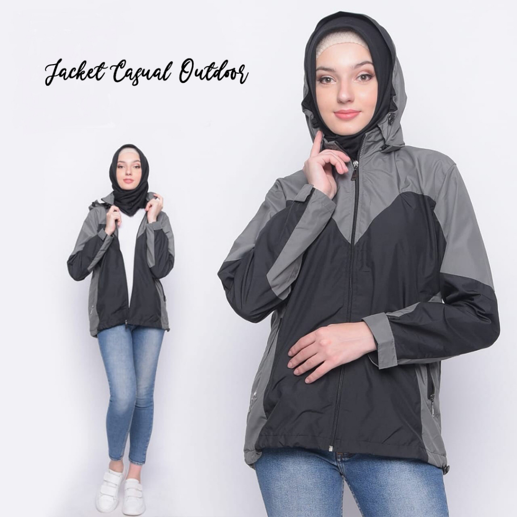 Justrue Jaket Wanita Outdoor Jacket Gunung Waterproof Abu Hitam