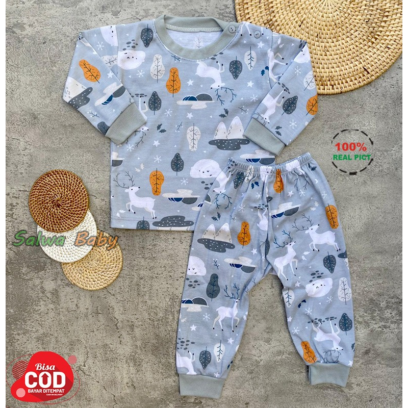 Setelan Baju Bayi Piyama Bayi Lengan Panjang Kancing Pundak Motif Printing Rusa Usia 3-12 Bulan Anababy