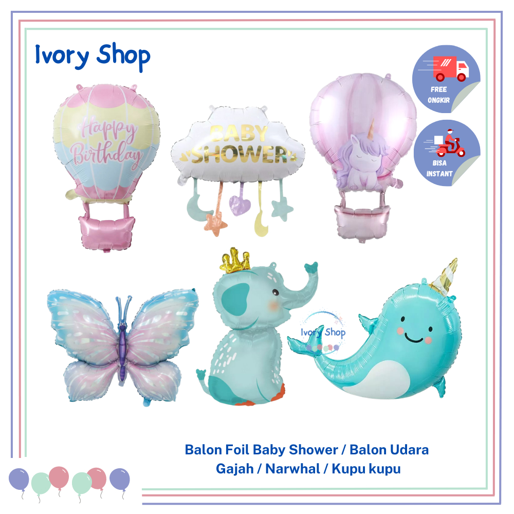 Balon Foil  Balon Udara Happy Birthday Hot Air Balloon Gajah Paus Narwal Kupu kupu jumbo