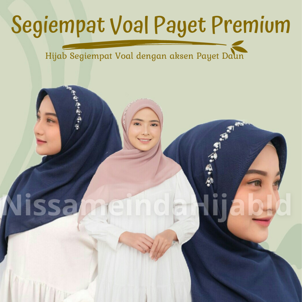 Jilbab Kerudung Segi Empat Voal Payet Mute Motif Daun Hijab Pearly Bando Manik Lamaran Wisuda Kondan