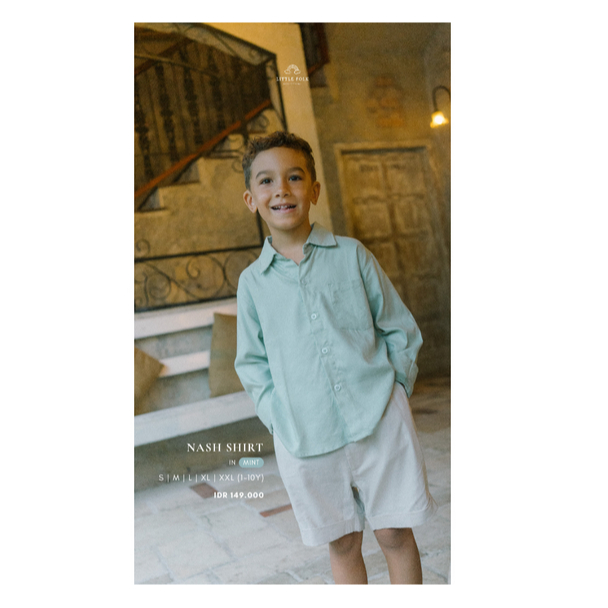 Little Folk Nash Shirt - Kemeja Anak Laki-Laki Linen Lembut Khaki Basic Earth Lengan Panjang Atasan Berkerah