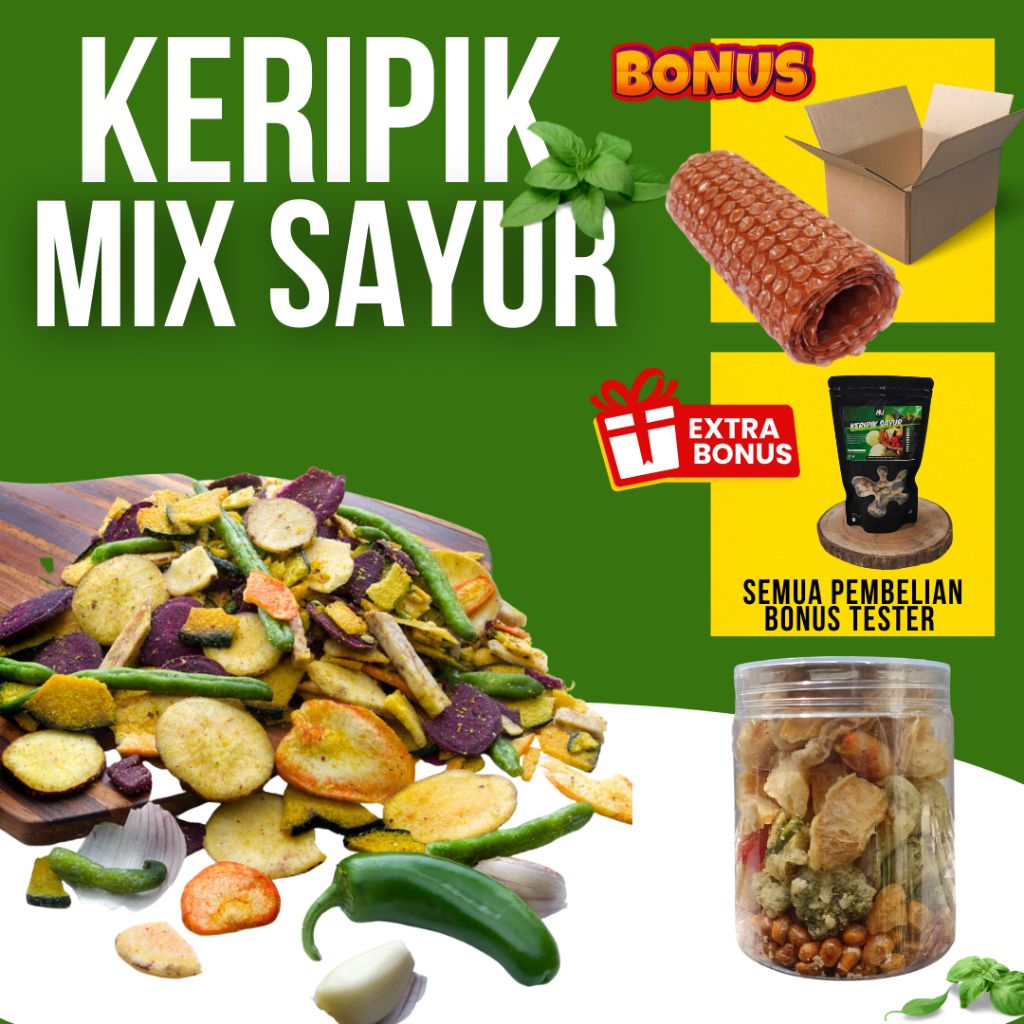 

KERIPIK KRIPIK MIX SAYUR BROKOLI JAGUNG MANIS CACBE PAPRIKA JAMUR BOMBAY WORTEL 100GR 200GR POUCH 120GR 250GR