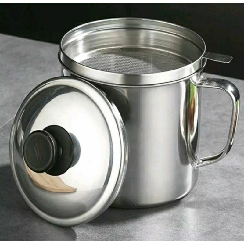 Wadah Saringan Minyak 1.2 Liter Stainless stell Oil Pot Anti Karat Gelas Mug Penyaring Ampas Minyak