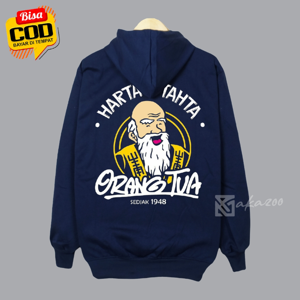 zipper jacket pria resleting akazoo warna navy blue HARTA TAHTA ORANG TUA sablon depan blakang