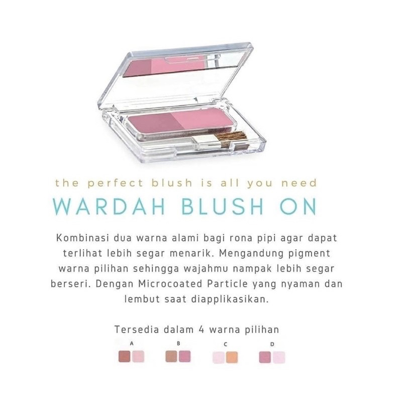 WARDAH Blush On Indonesia / 4g / 2 Warna Pigmented Intense Natural / Pewarna Perona Pipi Blushon Blusher Blushing / Microcoated Particle / Tahan Lama Long Lasting Pigmented Glowing / Aplicator Mirror / Shade A B C D / Cosmetic Makeup Face Make Up Series