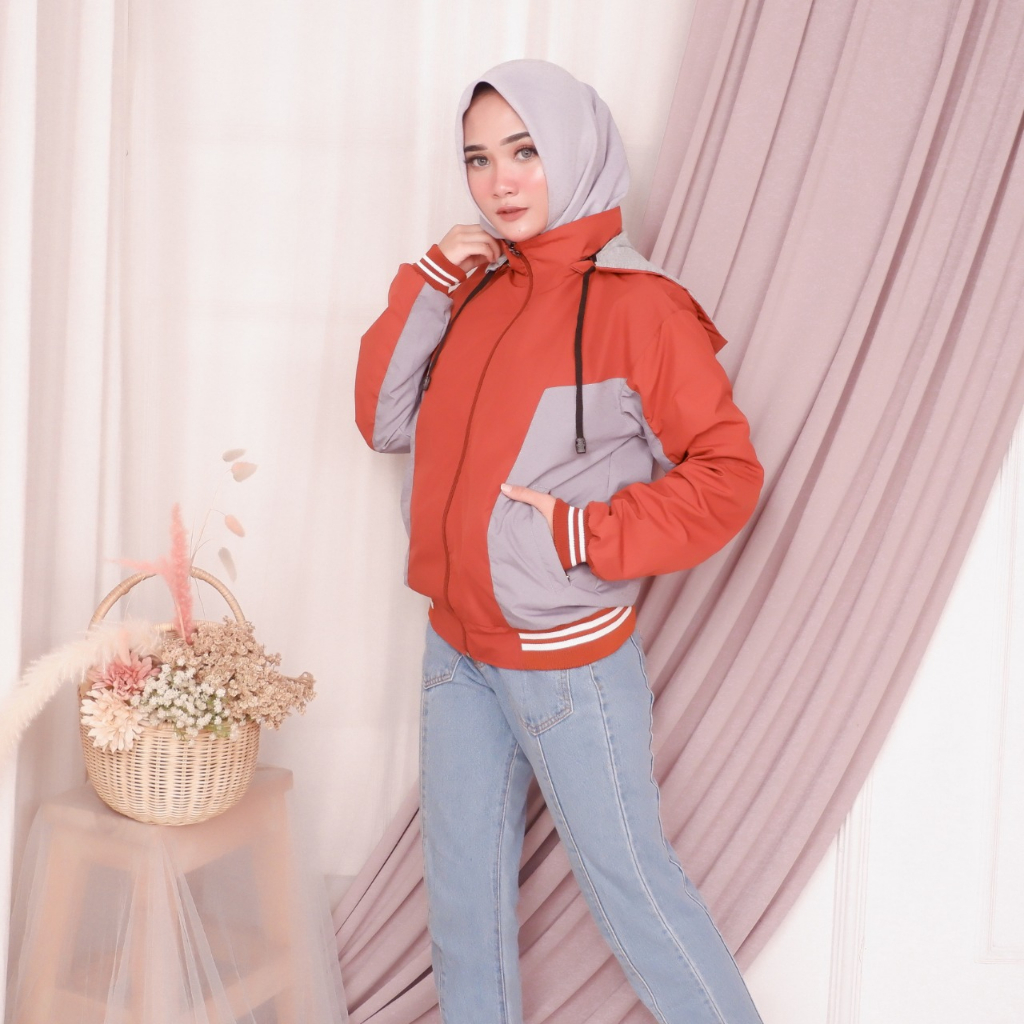 Justrue Jaket Hoodie Wanita Bolak Balik Kekinian Orange