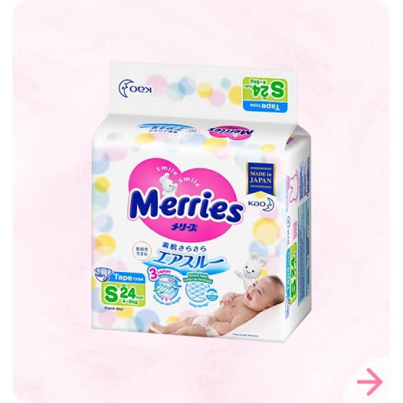 MERRIES PREMIUM DIAPER TIPE PEREKAT SIZE S (diaper bayi ukuran S, pampers bayi)