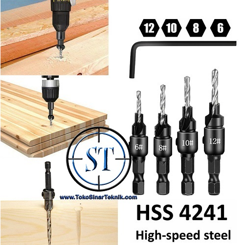 Mata Bor Countersink HSS Drill Bit Set Isi 4 No 6-12 Kayu Plastik Alumunium