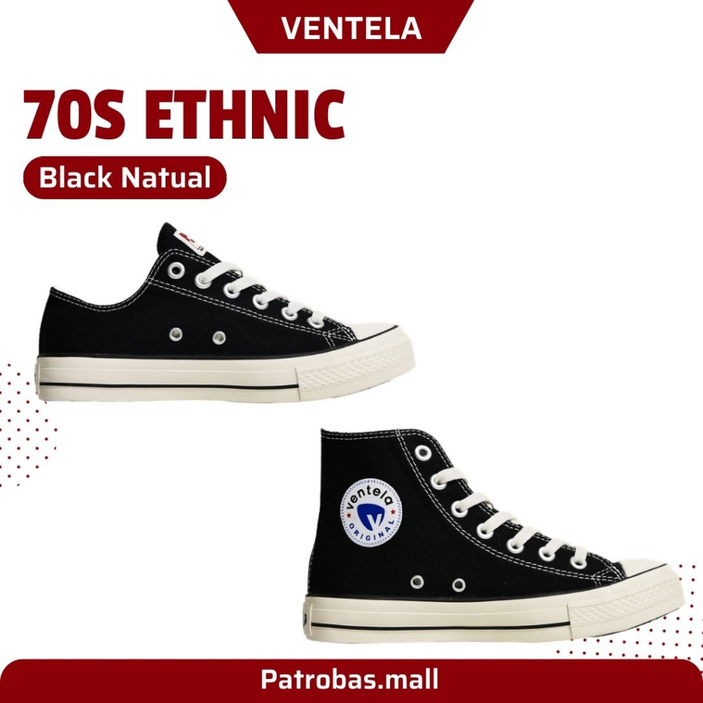 VENTELA 70s Ethnic Low High Black Natural Original Sepatu Vantela Hitam Putih