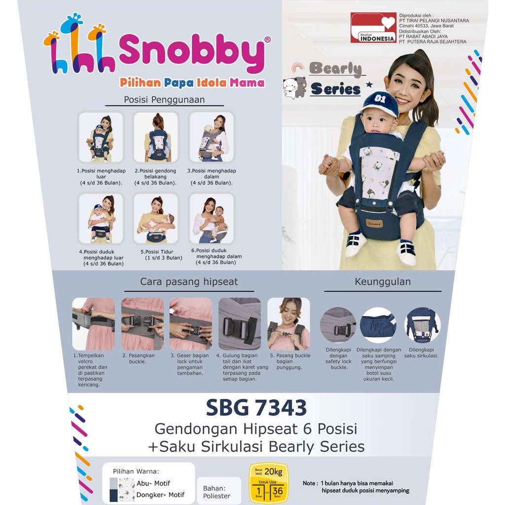 Gendongan Bayi Snobby Hipseat 6 Posisi + Saku Sirkulasi Bearly Series - SBG 7343