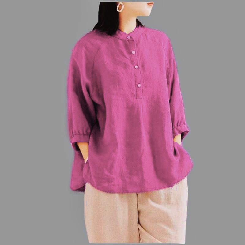 Kemeja Polos Linen Ceria Blouse Atasan Wanita Kerah Shanghai Lengan 3/4 Kancing Hidup