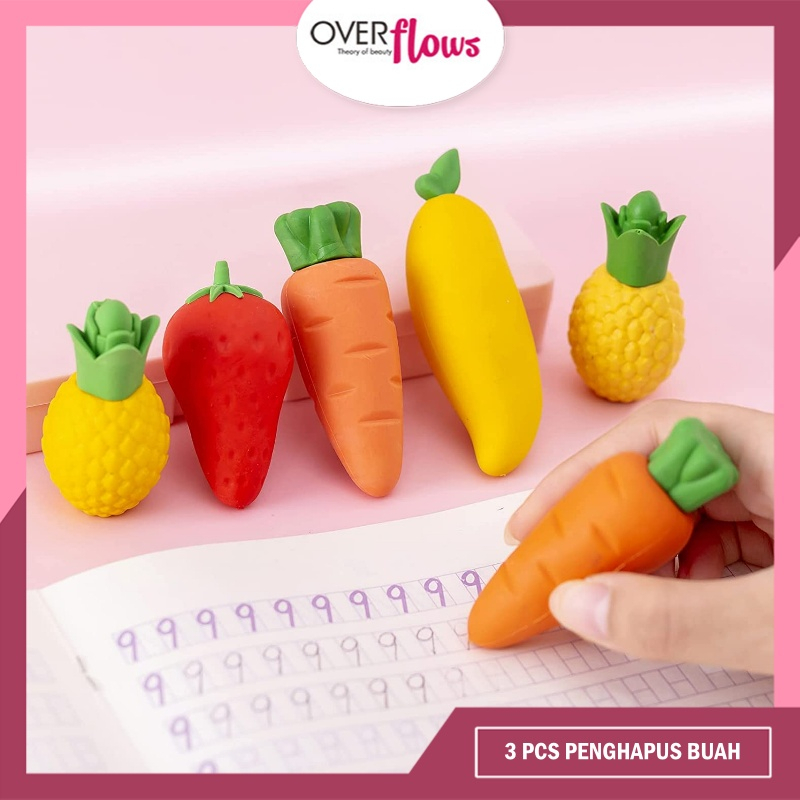 OVERFLOWS.ID PENGHAPUS PENSIL KARAKTER BUAH BUAHAN LUCU SET 3PCS WORTEL MANGGA STRAWBERRY MURAH