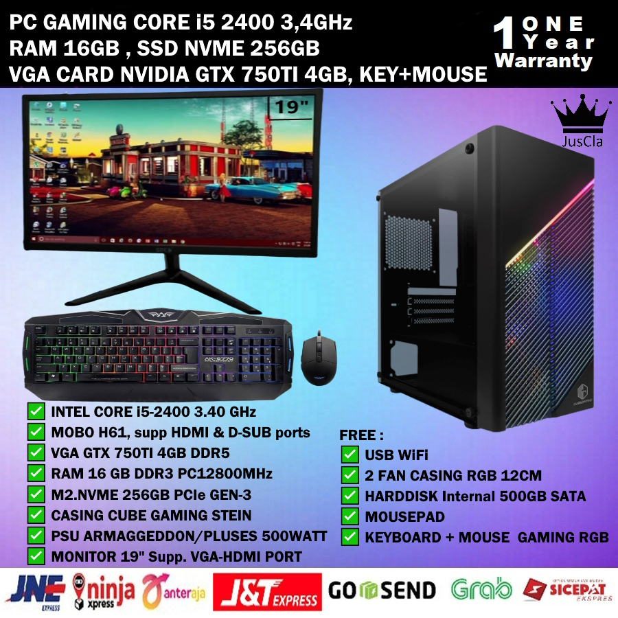 PC GAMING FULLSET INTEL CORE i5-2400 3,4GHz|RAM 16GB|SSD NVME 256GB|NVIDIA GTX 750TI 4GB|HDD 500GB|KEYBOARD+MOUSE GAMING|USB WIFI