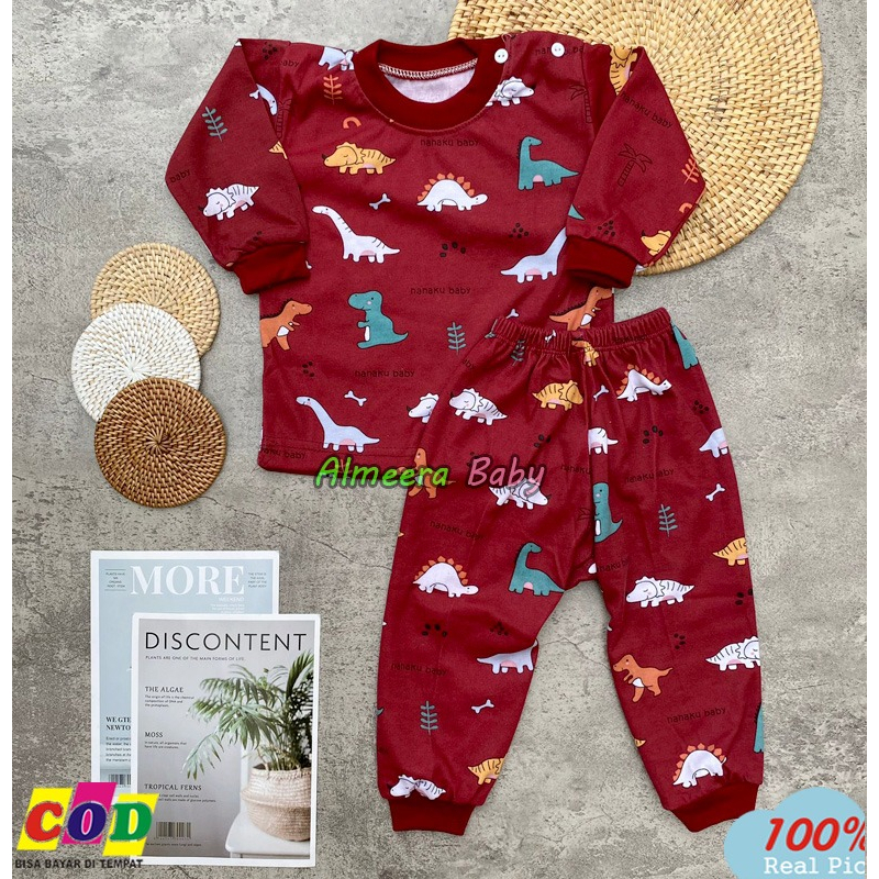 Setelan Baju Bayi Piyama Bayi Lengan Panjang Motif Printing Dino Usia 3-12 Bulan Anababy