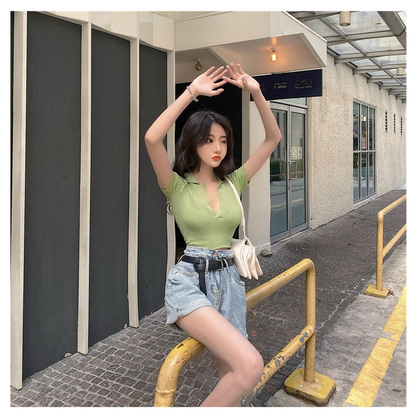 SJPOP  Baju Wanita Korean Sexy Kaos Crop Top rajut Kerah V Crop Tee Baju Atasan Wanita