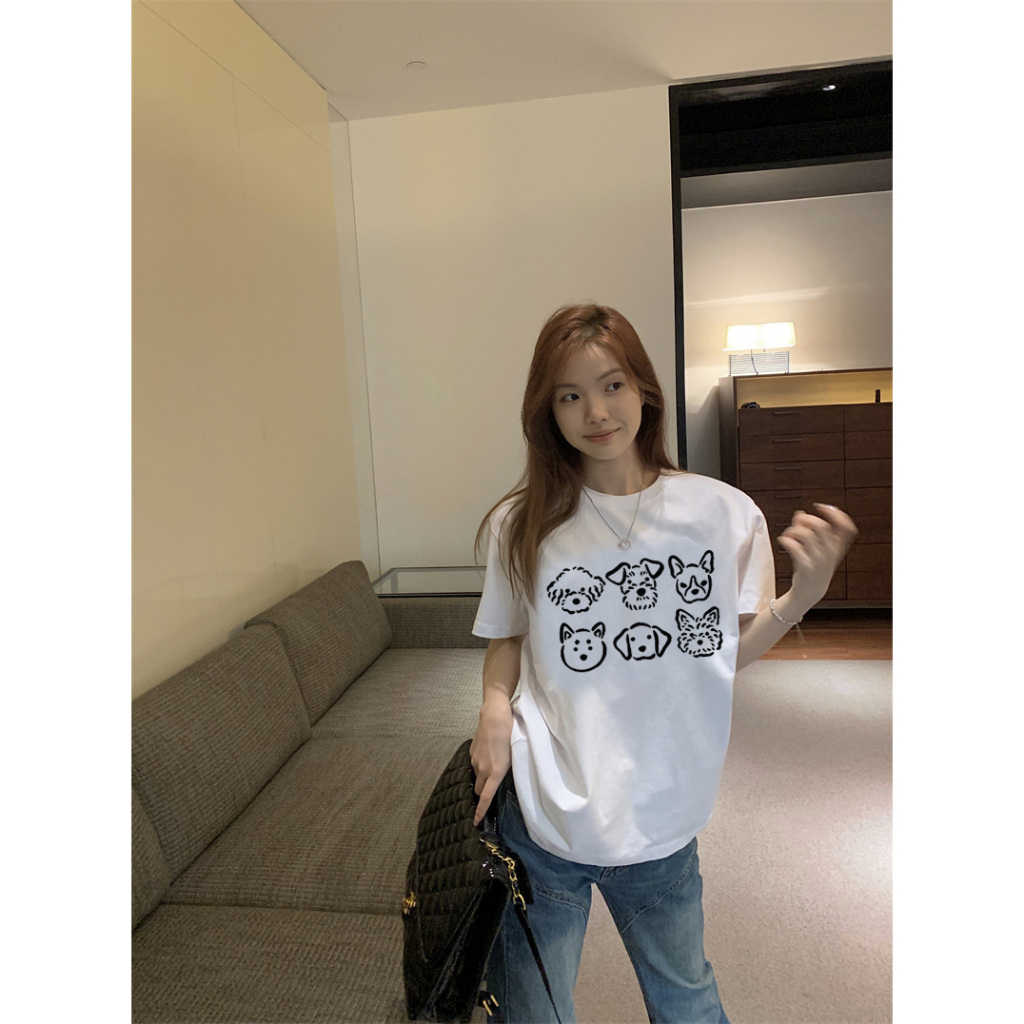 EUNII T-shirt Lengan Pendek Cartoon Hitam Dog Printing Korean Style/Kaos Atasan Wanita/Baju Kaus Oversize Wanita/Kaos Wanita