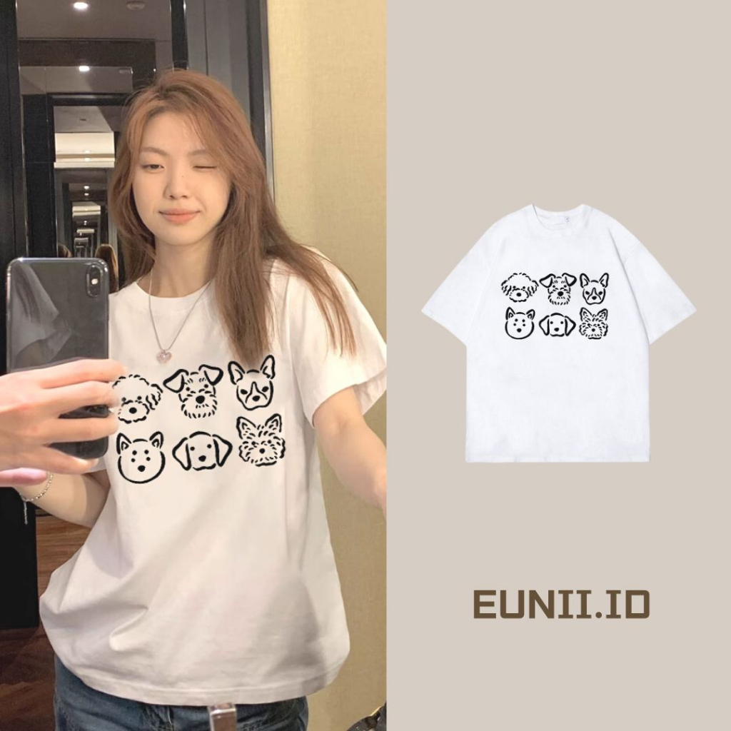 EUNII T-shirt Lengan Pendek Cartoon Hitam Dog Printing Korean Style/Kaos Atasan Wanita/Baju Kaus Oversize Wanita/Kaos Wanita