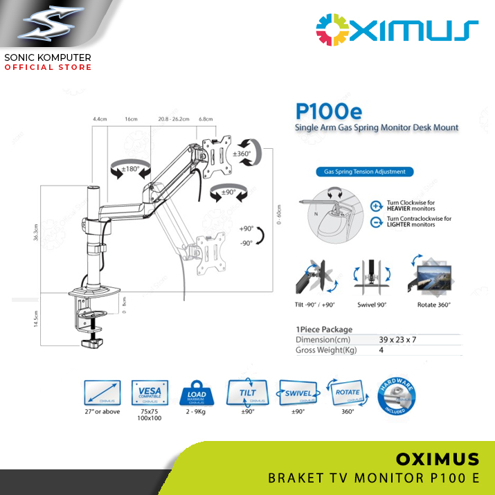 BRACKET TV MONITOR DESKMOUNT GAS SPRING OXIMUS P100e TILT SWIVEL ROTATE