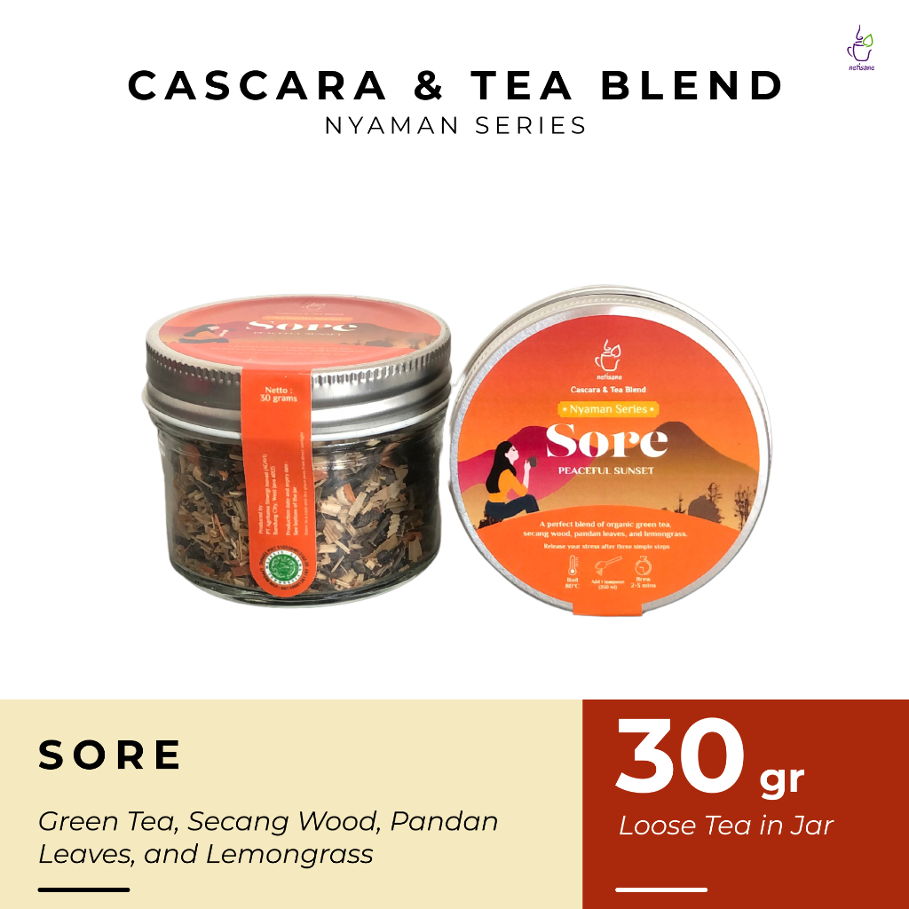 

Netisane Sore (Green Tea, Secang Wood, Pandan Leaves, dan Lemongrass) | Netisane Cascara Blend Nyaman Series | Artisan Tea / Teh Herbal | (Loose tea in jar)