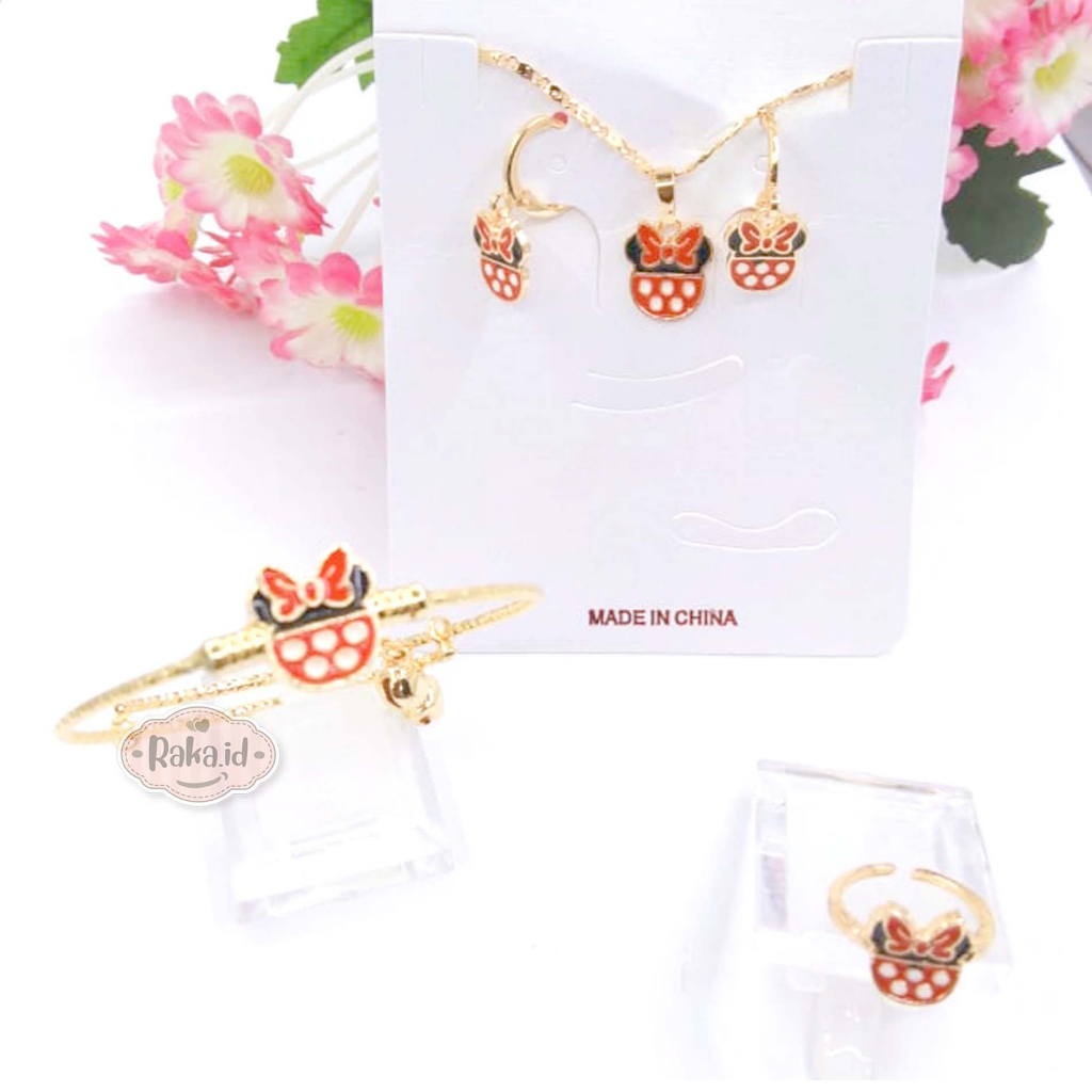 Paket Set Anak Kalung + Gelang + Cincin + Anting Minnie Merah Hitam Gold Perhiasan Anak 1221