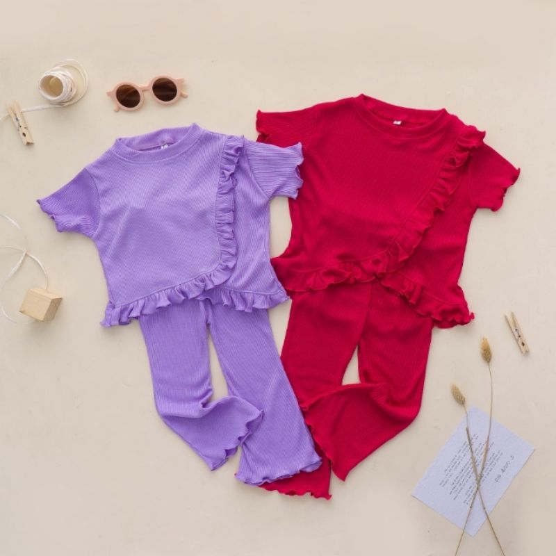 Baju Oneset Anak Perempuan MALIKA Ruffle Set Knit Rib Usia 1-5 Tahun