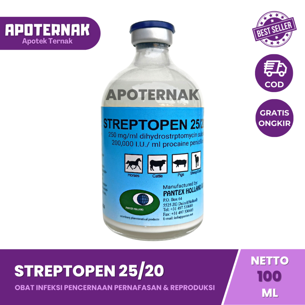 STREPTOPEN 25/20 (Penisillin/Strepromisin) 100 ml | Obat Infeksi Pencernaan Pernapasan &amp; Reproduksi Untuk Hewan