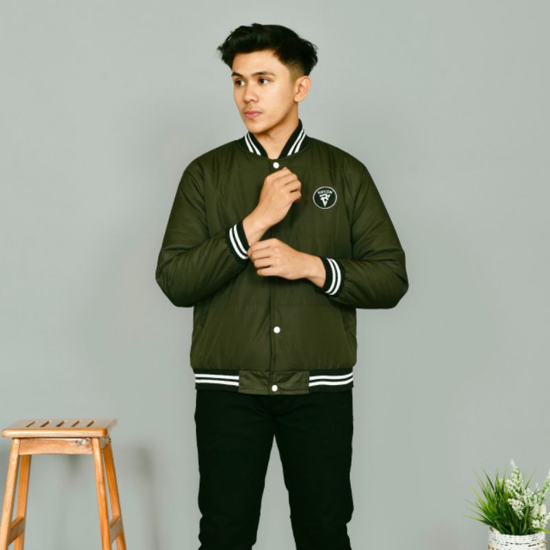 Jaket Baseball Hijau Army Gelembung Pria - Jaket Gelembung Tebal Premium
