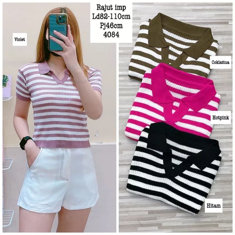 Atasan rajut kerah polo motif salur/vneck croptop blouse rajut