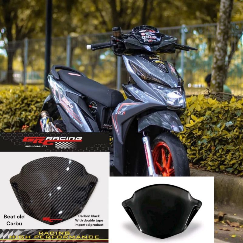 Visor honda beat fi lama 2013 sampai 2015 model beat karbu pnp beat new esp bahan akrilik warna hitam kilap &amp; carbon celup wtp free dobel tape lem 3m