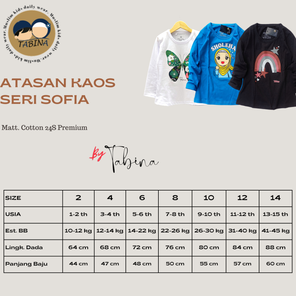 Kaos anak perempuan lengan Panjang sampai remaja seri Sofia Katun Combed 24S usia 1 tahun sampai 14 tahun