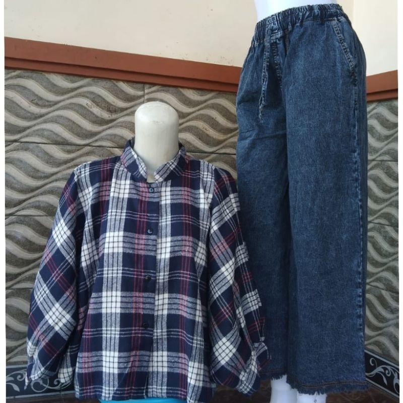 SET BATWING FLANEL//SET KULOT JEANS WASH//SETELAN PREMIUM