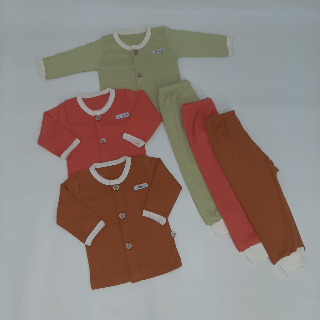[Size SML] Little Q Setelan Plain Set Polos Panjang Kancing Tengah Celana Panjang Bis Isi 3 Pcs