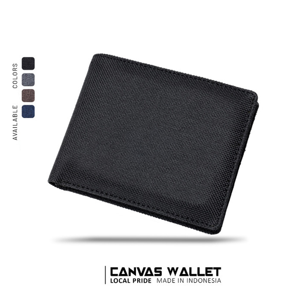 Dompet Pria Bahan Kanvas Import C-2023 #Black Dompet Kanvas Lipat Dua Men Wallet Premium Dompet Pendek elegan Dompet Bifold + Bonus Box