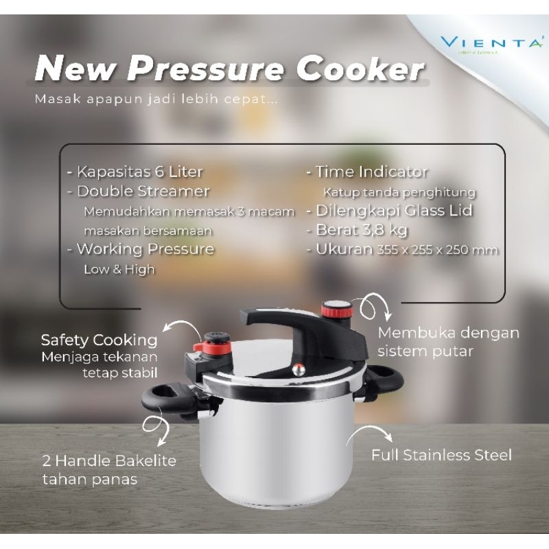 Panci presto pressure cooker Vienta stainless steel VPC22-6L 6 Liter L double dobel steamer kukus re