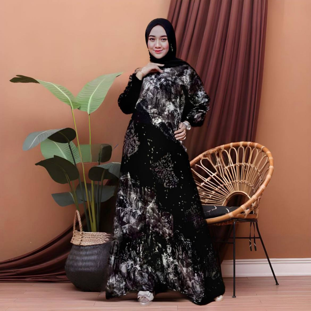 Batikid - Gamis Twill Rayon Cap Malaman Premium Kekinian - NA Hitam