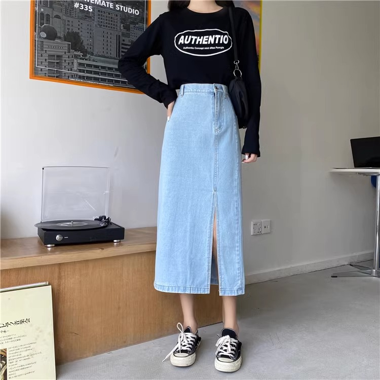 A-Line Highwaist Celah Samping Rok Jeans Kekinian