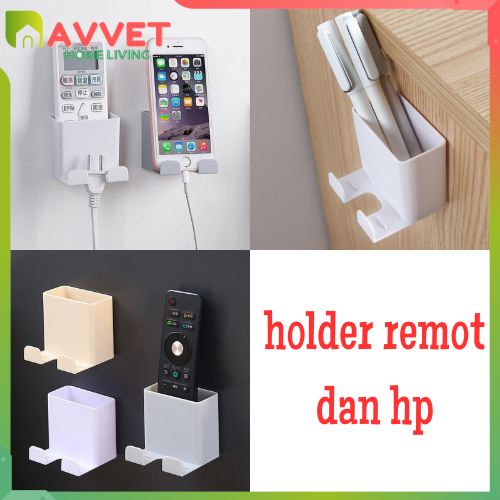 AVVET Rak Colokan Charger Holder Remot Hp 2 In 1 Remote Kait Kabel Tempel Holder Kotak Penyimpanan Remot Tempel 2 Kaki