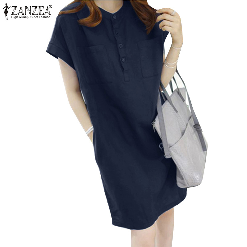 ZANZEA Women Korean Daily Simple Short Sleeve Solid Detachable Belt Mini Dress