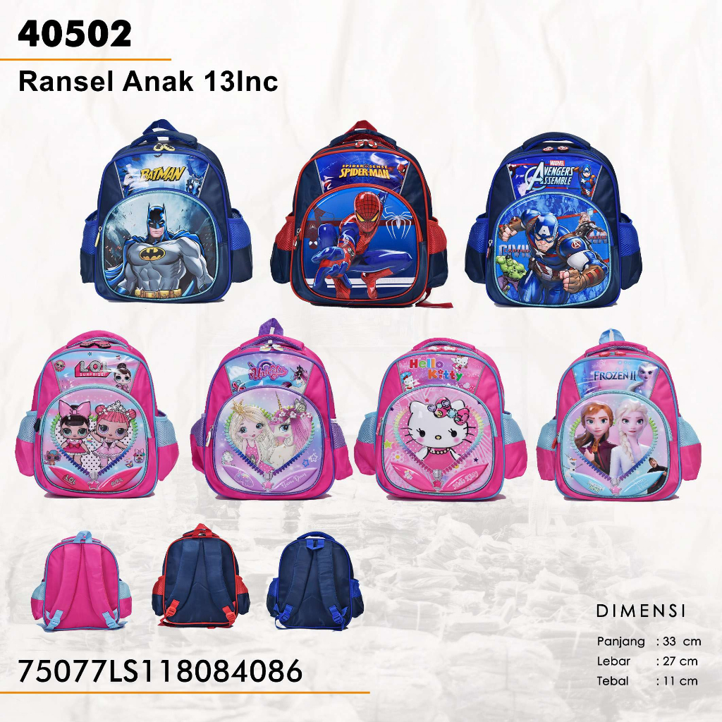 Tas ransel Karakter Anak TK SD Perempuan dan Laki-laki import Motif Timbul Kuda Poni Avenger Spiderman Ironman Captain 40502