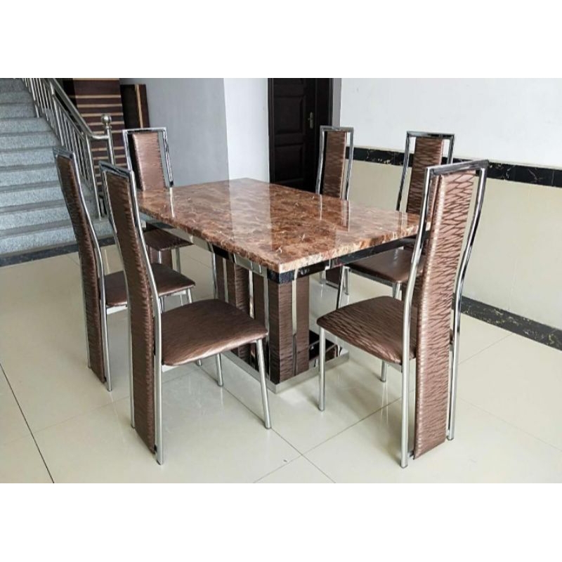 FREE ONGKIR JABODETABEK Meja Makan Marmer 6 kursi minimalis stainless steel Putih/Hitam Mewah Import Italy