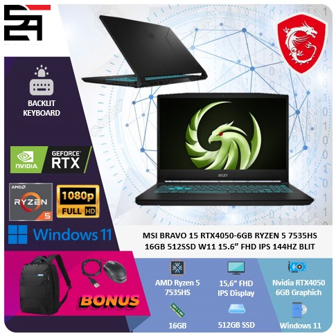 MSI Bravo 15 RTX4050-6GB Ryzen 5 7535HS 16GB 512GB SSD W11 15.6 Inchi FHD IPS 144Hz Blit