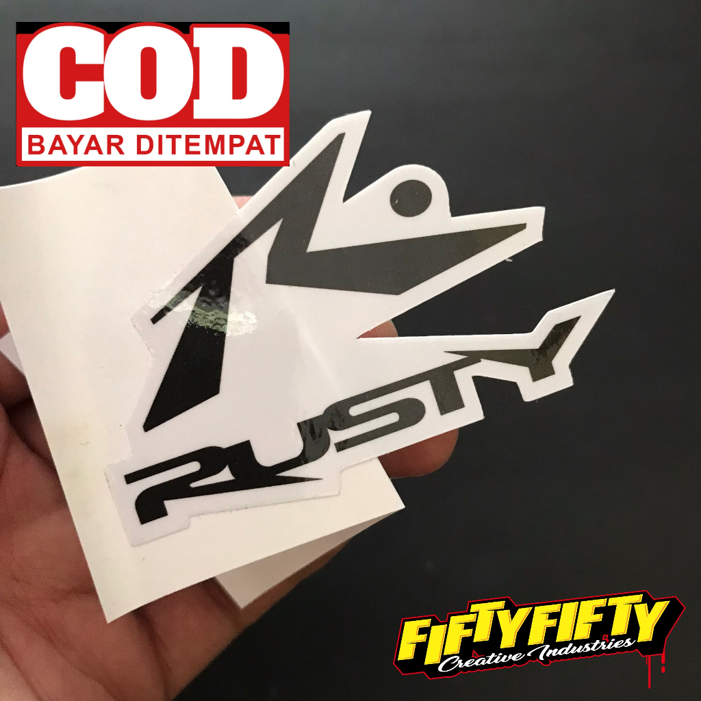 Stiker Print Cut RUSTY Stiker Printing Laminasi Glossy Stiker Motor Mobil Helm Sudah Membentuk Pola Desain