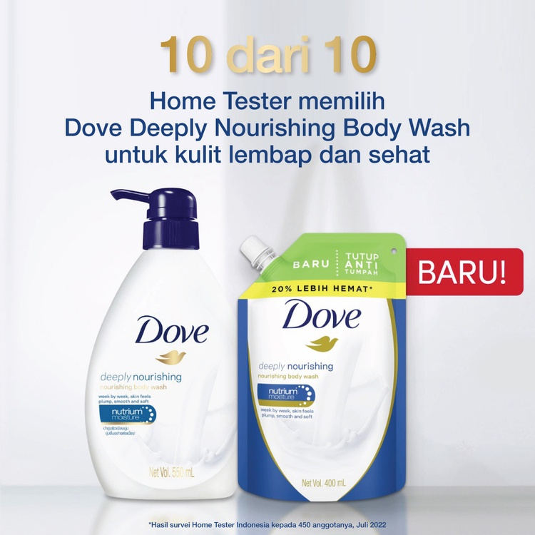 DOVE BODY WASH DEEPLY NOURISHING [ 400 ML ] SABUN MANDI CAIR ISI ULANG REFILL TUTUP ANTI TUMPAH NUTRIUM MOISTURE KULIT LEMBUT SKIN FEELS PLUMP SMOOTH AND SOFT