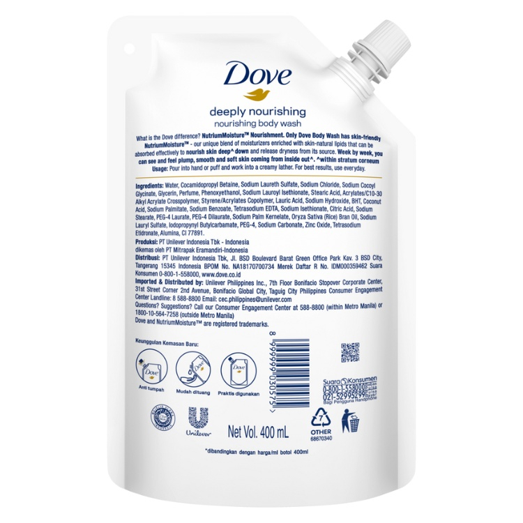 DOVE BODY WASH DEEPLY NOURISHING [ 400 ML ] SABUN MANDI CAIR ISI ULANG REFILL TUTUP ANTI TUMPAH NUTRIUM MOISTURE KULIT LEMBUT SKIN FEELS PLUMP SMOOTH AND SOFT