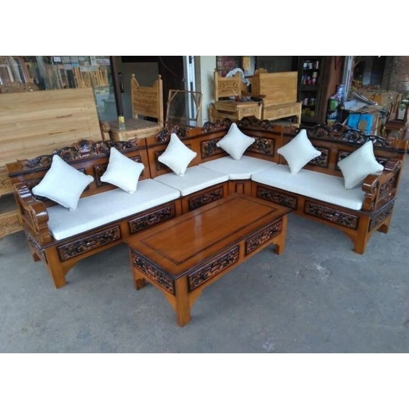 bangku tamu kayu jati | kursi sudut tamu ukir kayu jati