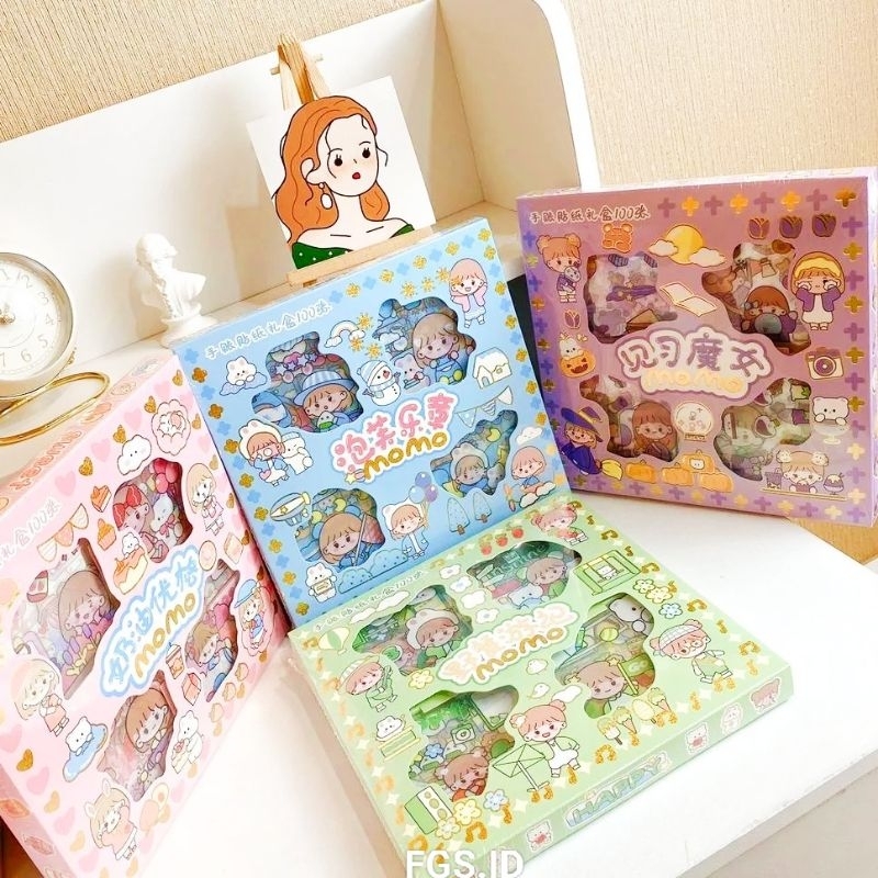

[FGS.ID] Stiker 100pcs Motif Kartun Lucu Korea Momo 1 Box | Sticker 2D Waterproof Makassar