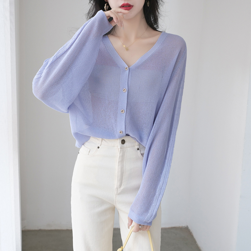 【Elegant】See Through V-neck Button Long Sleeved Cardigan 2097