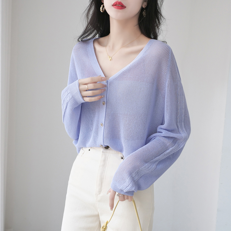 【Elegant】See Through V-neck Button Long Sleeved Cardigan 2097