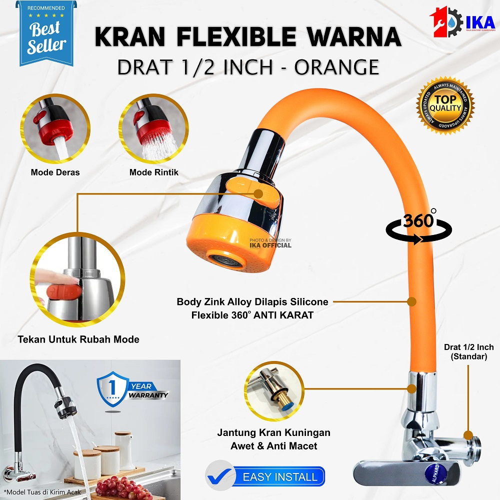 KRAN ANGSA FLEKSIBEL WARNA ENGKOL KRAN CUCI PIRING ROTASI 360° STAINLESS DAPUR WASTAFEL 1/2INCH